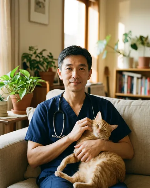 Dr. Jin-ho Kim, the book's AI-created guide, holding a relaxed ginger cat