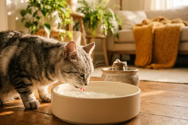 A silver tabby cat drinking from a wide, shallow ceramic bowl