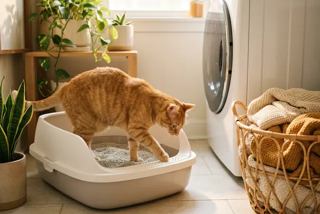 A ginger cat stepping into a large, low, open litter box