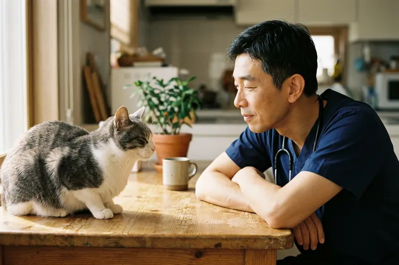 Dr. Kim and a tabby cat exchanging a slow blink across a kitchen table