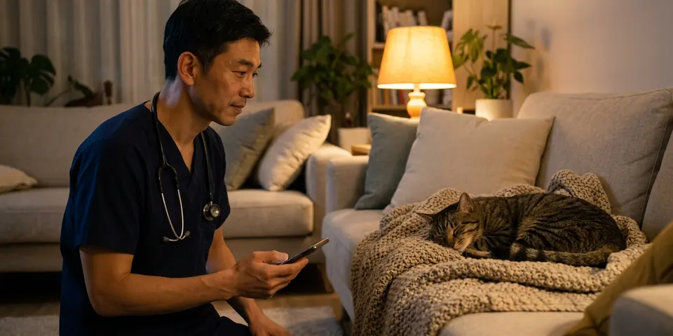 Dr. Kim quietly timing the breathing of a tabby cat asleep on a knitted blanket