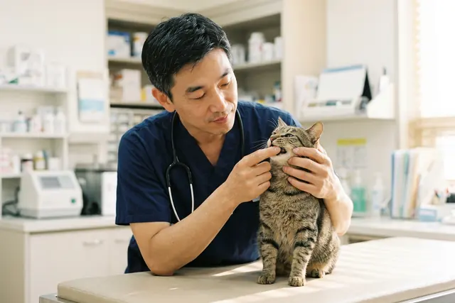 Dr. Kim gently checking a calm tabby cat's teeth and gums